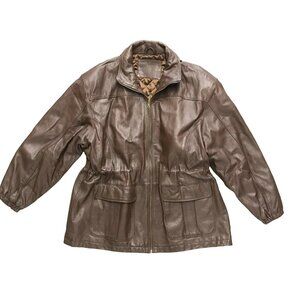 Womens Brown Leather Anorak Jacket Size 4X / 26/28 Quilted Lining Removable Hood